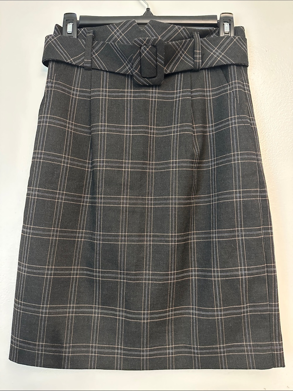 Trina Turk Black and Gray Plaid Belted Pencil Skirt
